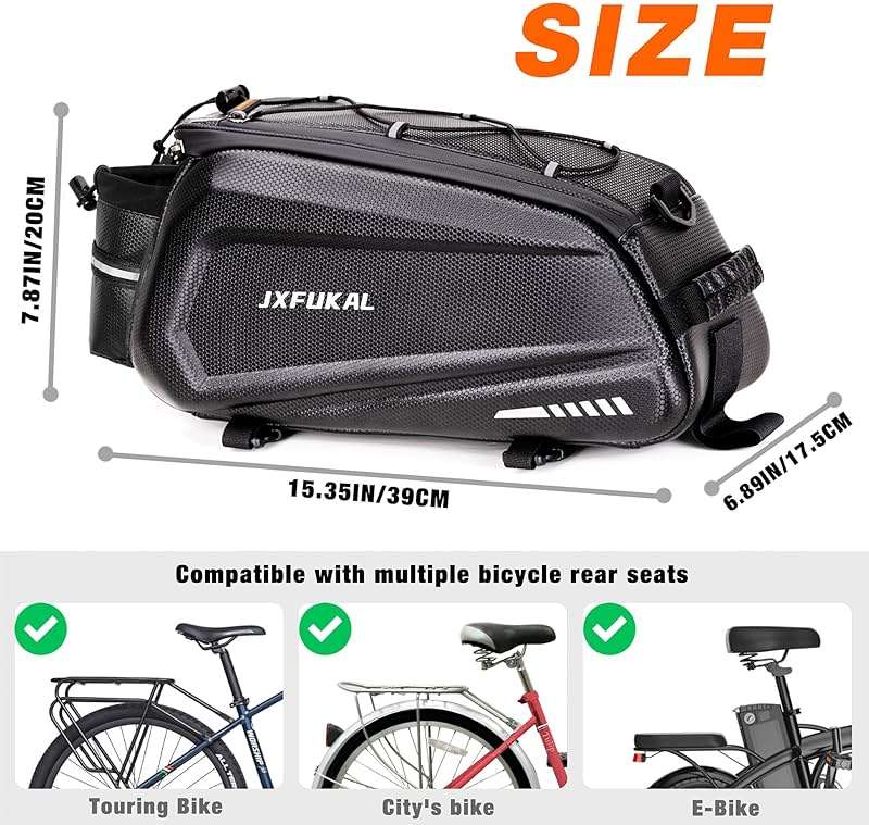 JXFUKAL Bike Bags for Bicycle Rear rack - 9.5L/17L/40L Hard Shell Waterproof Bike Ebike Trunk Pannier Saddle Seat Bag Carrier with Reflector, Rain Cover & Shoulder Strap for Commuter Travel Outdoor - Image 6