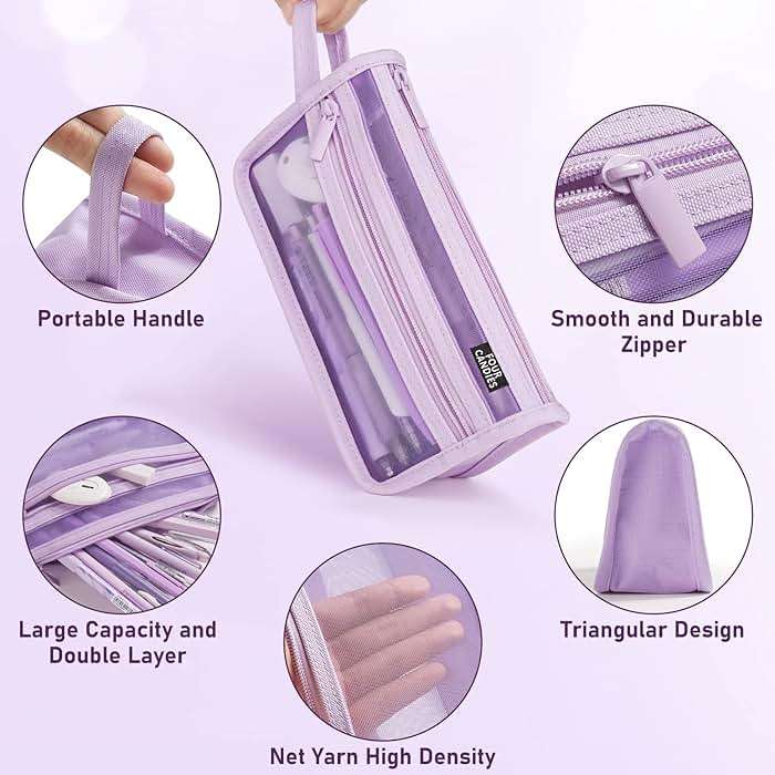 Four Candies Grid Mesh Pencil Case with Handle and Zipper, Clear Double-layer Pencil Pouch Marker Pouch, Travel Makeup Bag, Cute Transparent Stationary Organizer Pen Bag for Adult Office College - Image 4