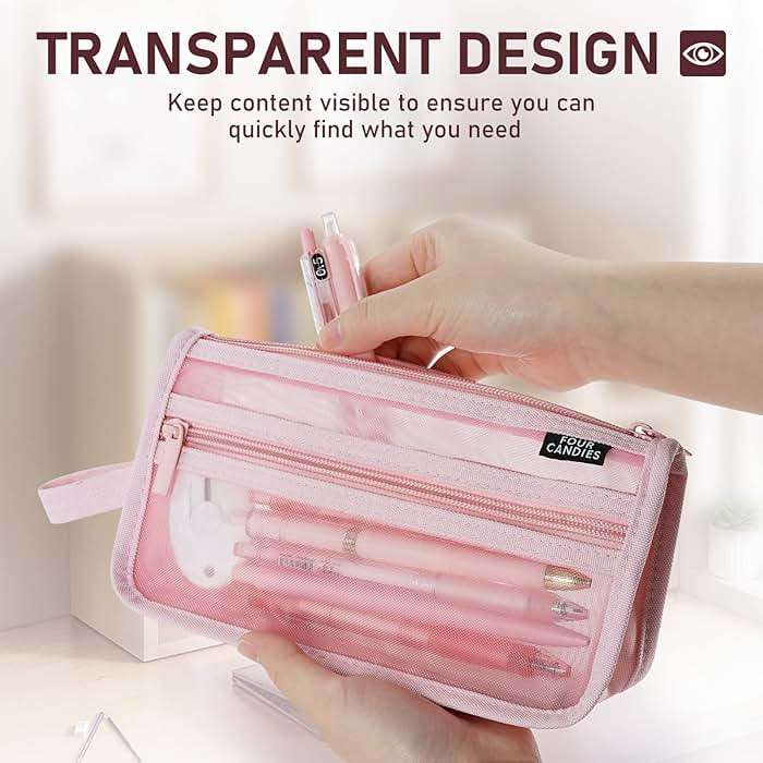 Four Candies Grid Mesh Pencil Case with Handle and Zipper, Clear Double-layer Pencil Pouch Marker Pouch, Travel Makeup Bag, Cute Transparent Stationary Organizer Pen Bag for Adult Office College - Image 6