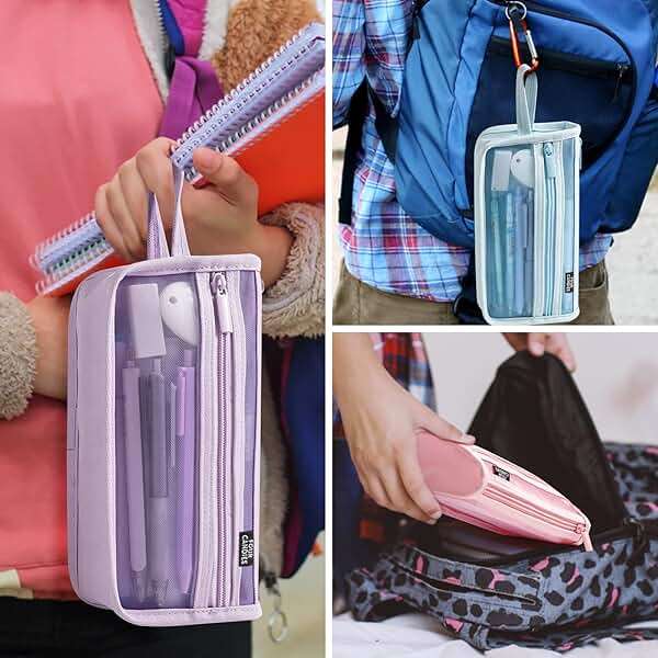 Four Candies Grid Mesh Pencil Case with Handle and Zipper, Clear Double-layer Pencil Pouch Marker Pouch, Travel Makeup Bag, Cute Transparent Stationary Organizer Pen Bag for Adult Office College - Image 8