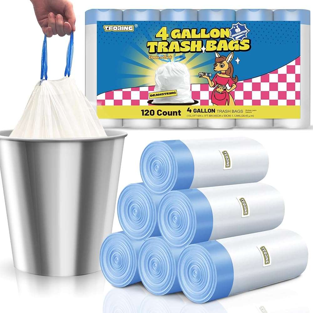 T.FORING Small Trash Bags 4 Gallon Drawstring,1.1 Mil,Unscented,120 Count | Tear-Free,Leakproof,Strong Garbage Can Liners,White,Fit 12 - 15 Liter Waste Bins,for Home Bathroom Office Car Everyday Use - Image 1