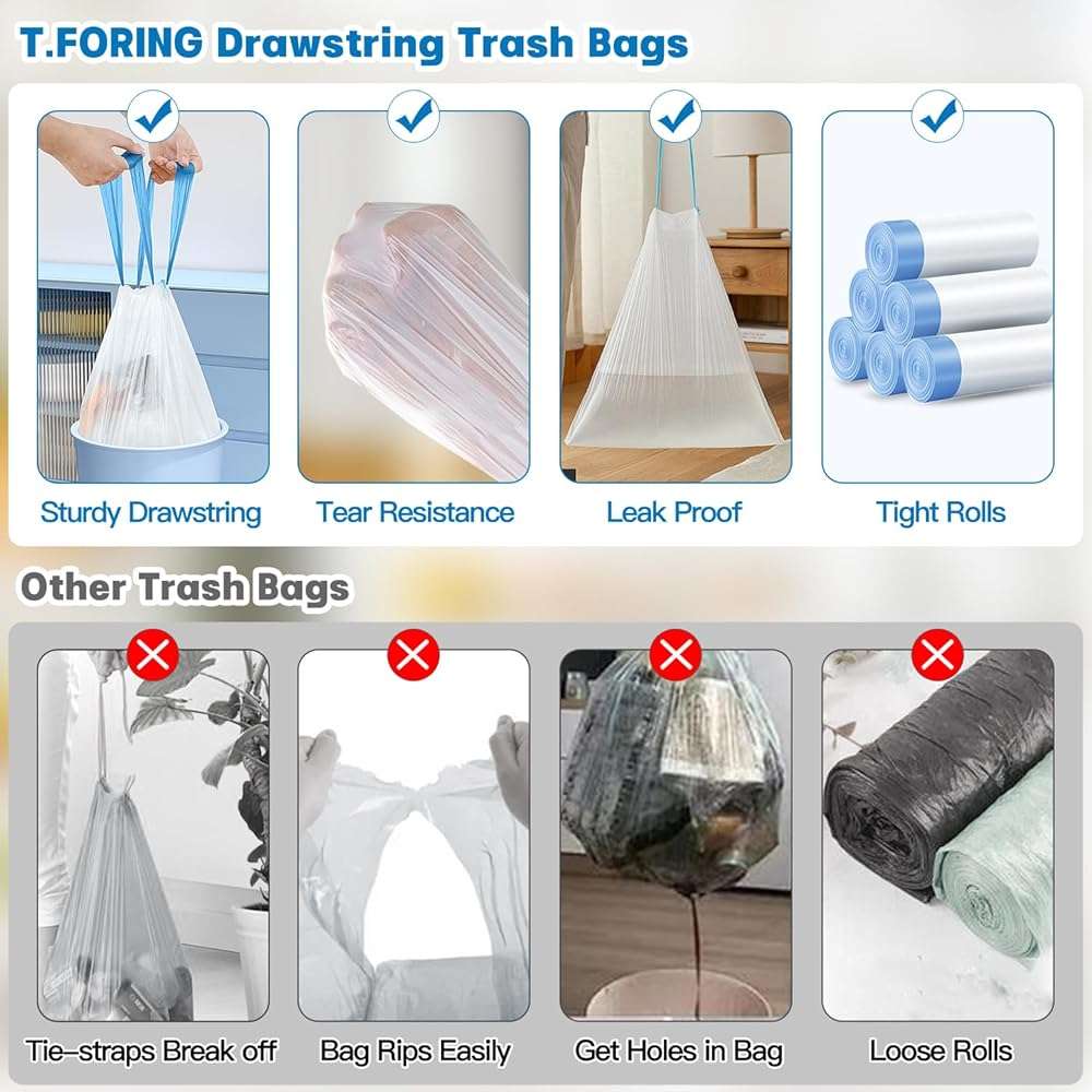 T.FORING Small Trash Bags 4 Gallon Drawstring,1.1 Mil,Unscented,120 Count | Tear-Free,Leakproof,Strong Garbage Can Liners,White,Fit 12 - 15 Liter Waste Bins,for Home Bathroom Office Car Everyday Use - Image 3
