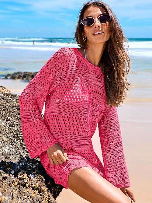 ANRABESS Women Swimsuit Crochet Swim Cover Up 2026 Summer Bathing Suit Swimwear Mesh Knit Beach Dress Vacation Outfits - Image 4
