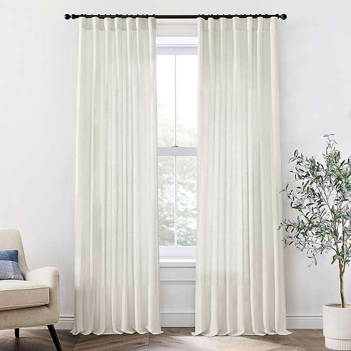 Linen Cotton Curtains for Living Room, Cream Off White Natural Fabric Light Filtering Semi Sheer Curtains 84 Inches Long, Ivory Pleated Farmhouse Curtain Drapes 84 Inch Length 2 Panels Set Dining Room - Image 1