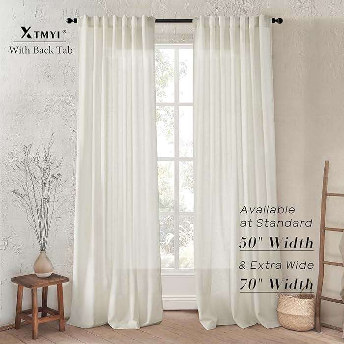 Linen Cotton Curtains for Living Room, Cream Off White Natural Fabric Light Filtering Semi Sheer Curtains 84 Inches Long, Ivory Pleated Farmhouse Curtain Drapes 84 Inch Length 2 Panels Set Dining Room - Image 3