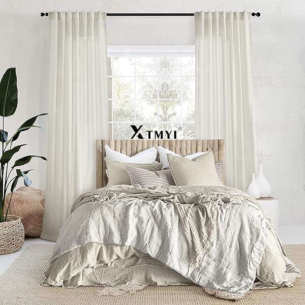 Linen Cotton Curtains for Living Room, Cream Off White Natural Fabric Light Filtering Semi Sheer Curtains 84 Inches Long, Ivory Pleated Farmhouse Curtain Drapes 84 Inch Length 2 Panels Set Dining Room - Image 8