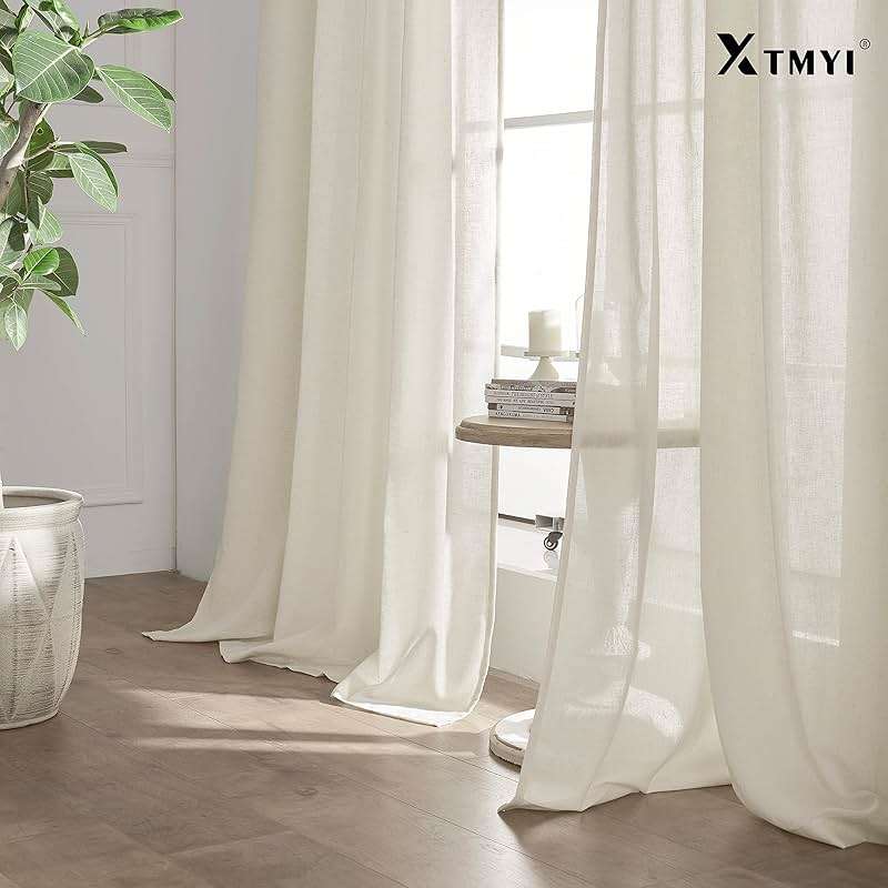 Linen Cotton Curtains for Living Room, Cream Off White Natural Fabric Light Filtering Semi Sheer Curtains 84 Inches Long, Ivory Pleated Farmhouse Curtain Drapes 84 Inch Length 2 Panels Set Dining Room - Image 9