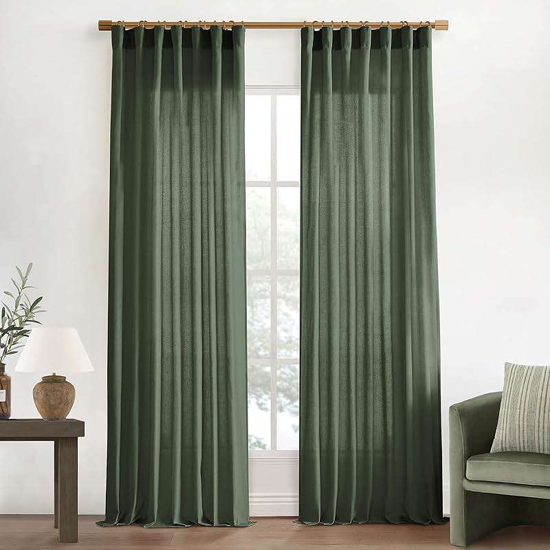 XTMYI Olive Green Linen Curtains, Light Filtering Sheer Window Treatments, Boho Floor to Ceiling Curtains for Bedroom Aesthetic Living Room, 84 Inches Long, 2 Panels Set - Image 1