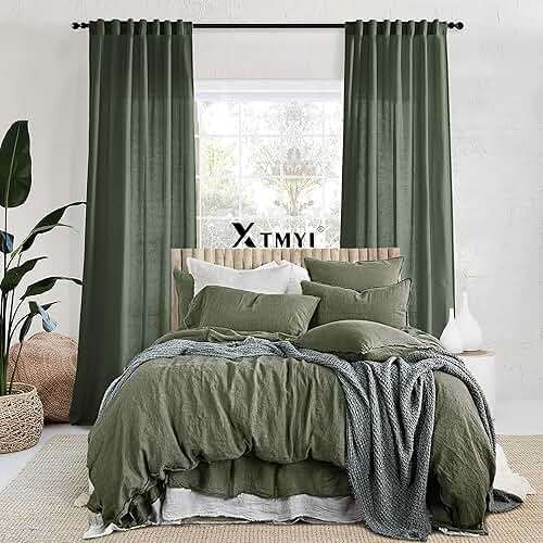 XTMYI Olive Green Linen Curtains, Light Filtering Sheer Window Treatments, Boho Floor to Ceiling Curtains for Bedroom Aesthetic Living Room, 84 Inches Long, 2 Panels Set - Image 8