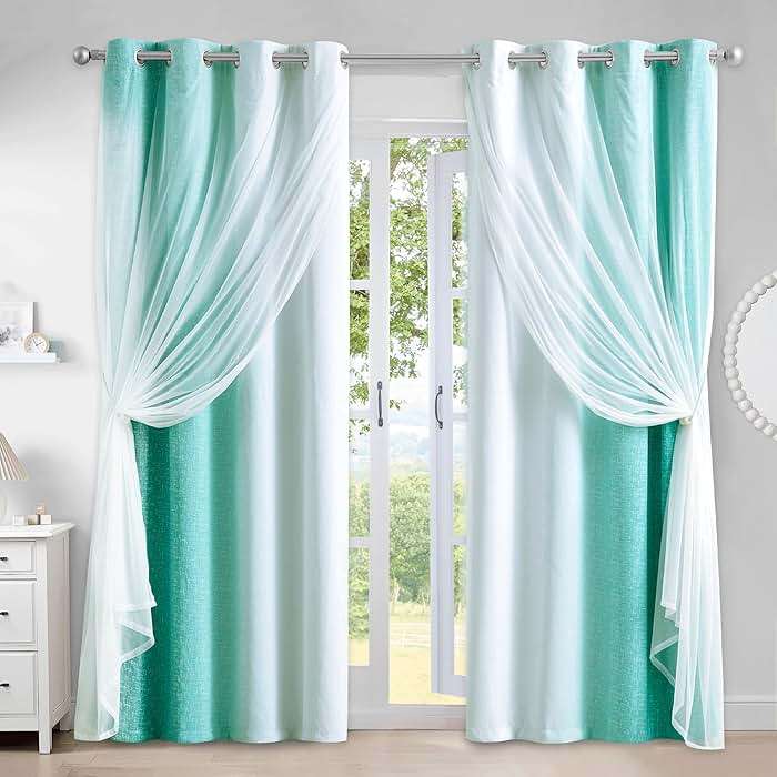 Geomoroccan Ombre 100% Blackout Curtains 84 Inches Long 2 Panels for Bedroom Living Room Teal and White Double Layer Sheer Overlay Mix & Match Grommet Thermal Soundproof Drapes with Tiebacks, 52x84 - Image 1