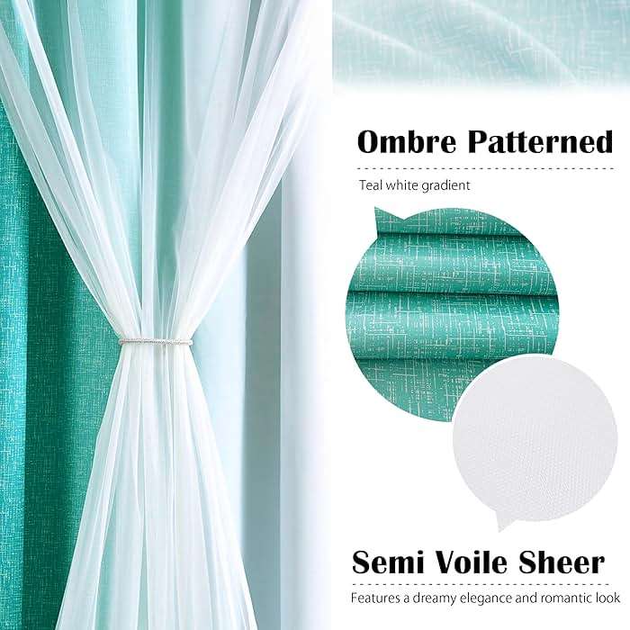 Geomoroccan Ombre 100% Blackout Curtains 84 Inches Long 2 Panels for Bedroom Living Room Teal and White Double Layer Sheer Overlay Mix & Match Grommet Thermal Soundproof Drapes with Tiebacks, 52x84 - Image 4