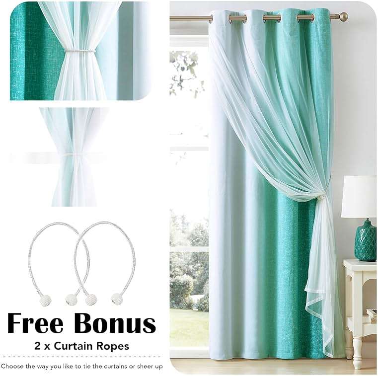 Geomoroccan Ombre 100% Blackout Curtains 84 Inches Long 2 Panels for Bedroom Living Room Teal and White Double Layer Sheer Overlay Mix & Match Grommet Thermal Soundproof Drapes with Tiebacks, 52x84 - Image 8
