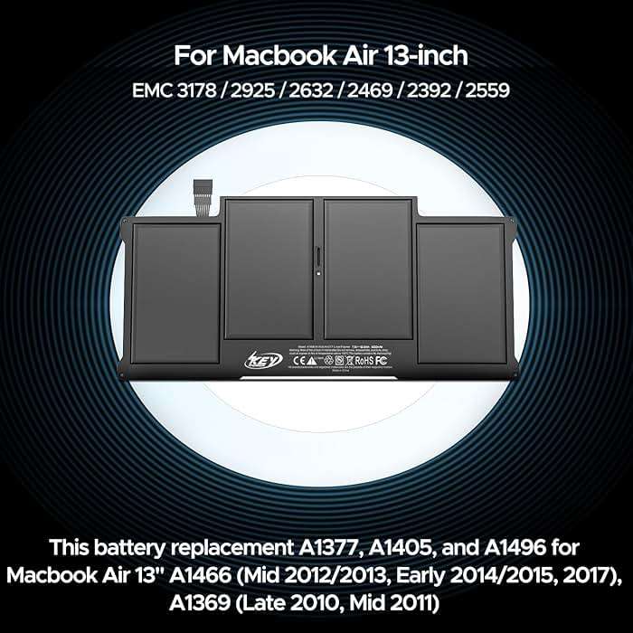 Key Power A1466 Battery, 13 inch MacBook Air Battery Replacement for A1466 (Mid 2012/2013, Early 2014/2015, 2017), A1369 (Late 2010, Mid 2011), Compatible Laptop Models A1496 A1377 A1405 - Image 2