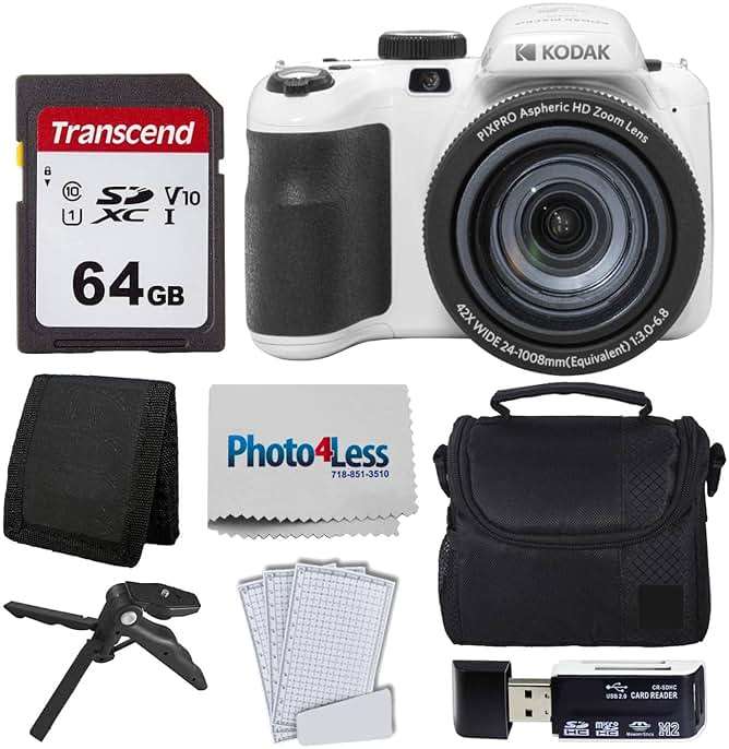 Kodak PIXPRO AZ425 Digital Camera + 64GB Memory Card + Camera Case (Black) + USB Card Reader + Table Tripod + Accessories (White) - Image 1
