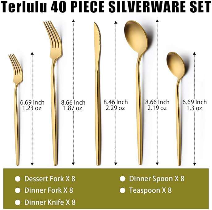 40 Piece Gold Silverware Set for 8, Terlulu Stainless Steel Flatware Set, Gold Cutlery Set Utensils Set, Tableware Include Forks Knives Spoons for Home Kitchen Restaurant Wedding, Satin Finish - Image 3