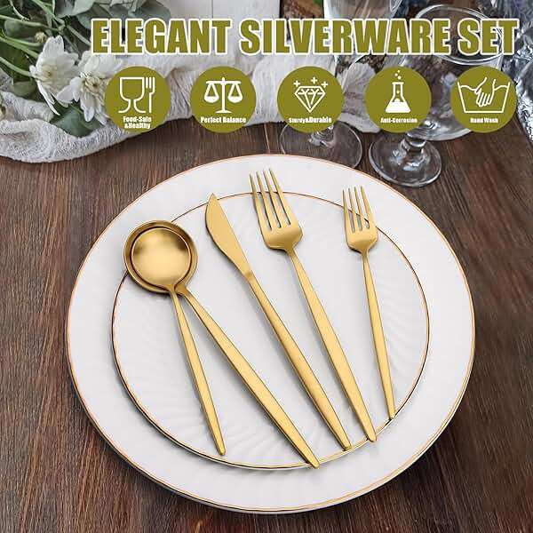 40 Piece Gold Silverware Set for 8, Terlulu Stainless Steel Flatware Set, Gold Cutlery Set Utensils Set, Tableware Include Forks Knives Spoons for Home Kitchen Restaurant Wedding, Satin Finish - Image 6