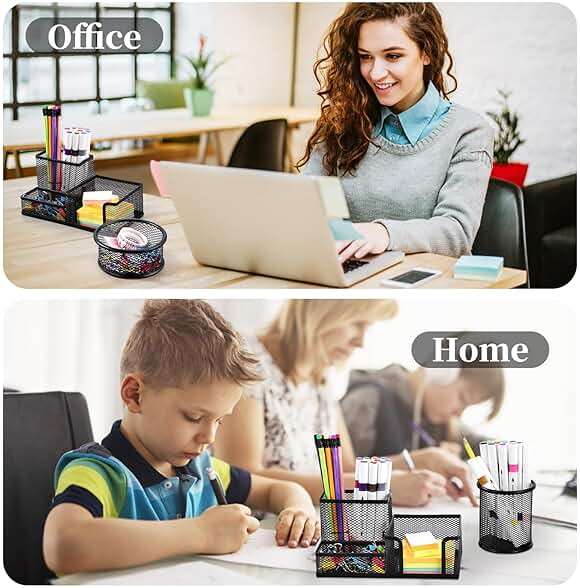 Byjoph 2-Piece Desk Pen & Pencil Organizer - Mesh Metal Pen Cup with Sticky Notes Holder, Black | Pen Cup - Image 4
