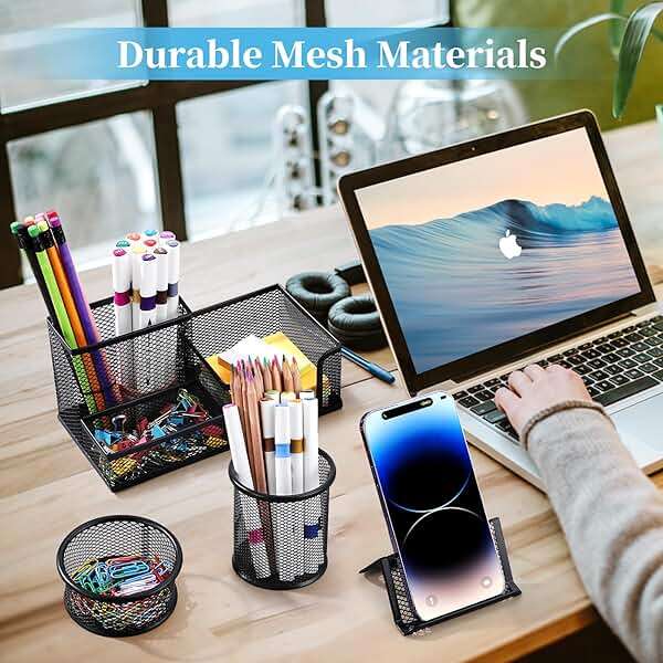 Byjoph 2-Piece Desk Pen & Pencil Organizer - Mesh Metal Pen Cup with Sticky Notes Holder, Black | Pen Cup - Image 7