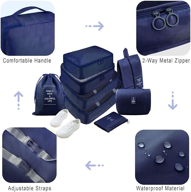 Ebbniur Packing Cubes, 8 Pcs Travel Packing Organizers for Suitcases, Large Capacity Travel Luggage Organizers Set includes 8 Storage Bags, Travel Essentials for Women or Men (Navy Blue) - Image 6