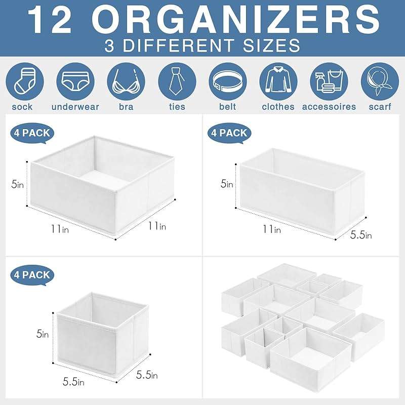 Criusia Drawer Organizer Clothes 12 Pack - Fabric Closet Organizers and Storage for Nursery Organization - Dresser Drawer Dividers for Baby Clothes/Socks/Underwear/Bras - College Dorm Room Essentials - Image 3