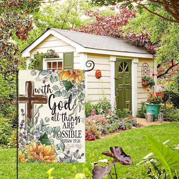 AVOIN colorlife Sunflower Spring Summer Garden Flag 12x18 Inch Double Sided Outside, With God All Things Are Possible Floral Yard Outdoor Decoration - Image 3