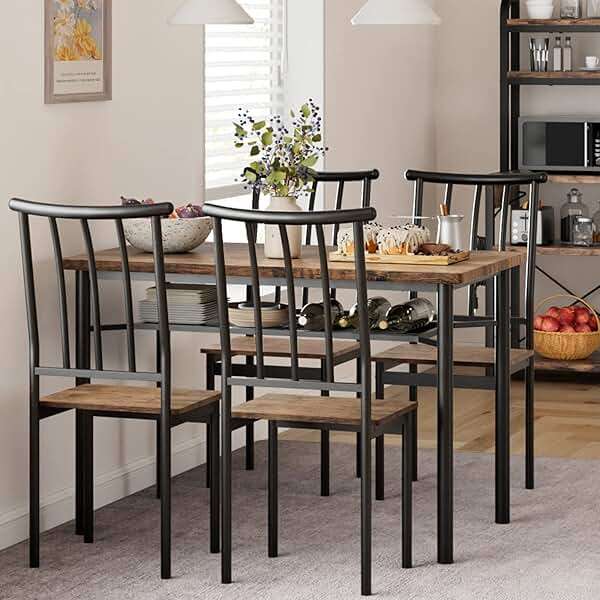 Alkmaar Dining Table Set for 4, 5 Piece Kitchen Table and Chairs Set, Dining Table Set with Wine Rack, Industrial Rectangular Dining Table for Small Space, Apartment, Retro Brown - Image 1