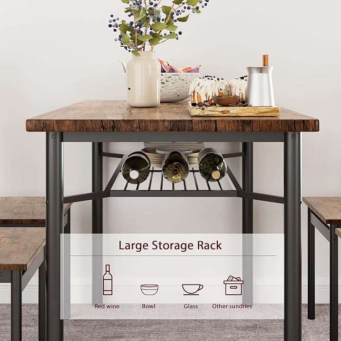 Alkmaar Dining Table Set for 4, 5 Piece Kitchen Table and Chairs Set, Dining Table Set with Wine Rack, Industrial Rectangular Dining Table for Small Space, Apartment, Retro Brown - Image 3