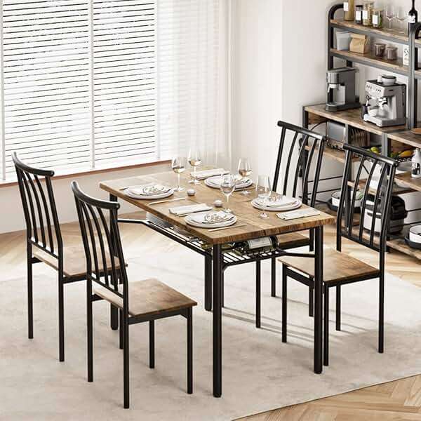 Alkmaar Dining Table Set for 4, 5 Piece Kitchen Table and Chairs Set, Dining Table Set with Wine Rack, Industrial Rectangular Dining Table for Small Space, Apartment, Retro Brown - Image 4