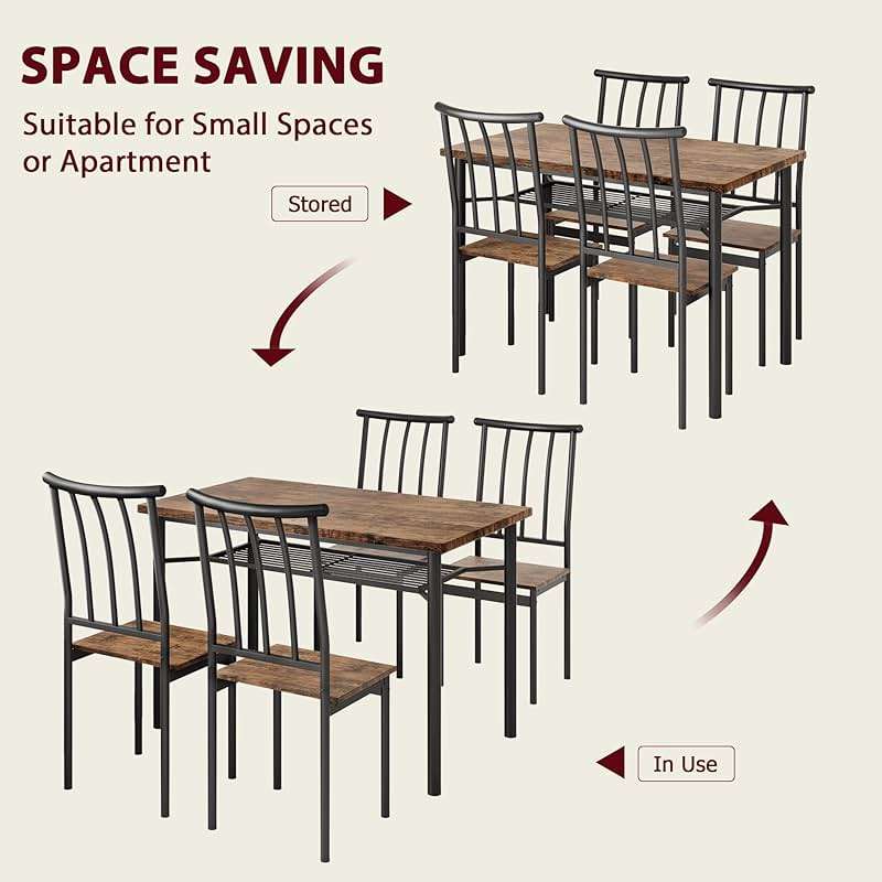 Alkmaar Dining Table Set for 4, 5 Piece Kitchen Table and Chairs Set, Dining Table Set with Wine Rack, Industrial Rectangular Dining Table for Small Space, Apartment, Retro Brown - Image 6