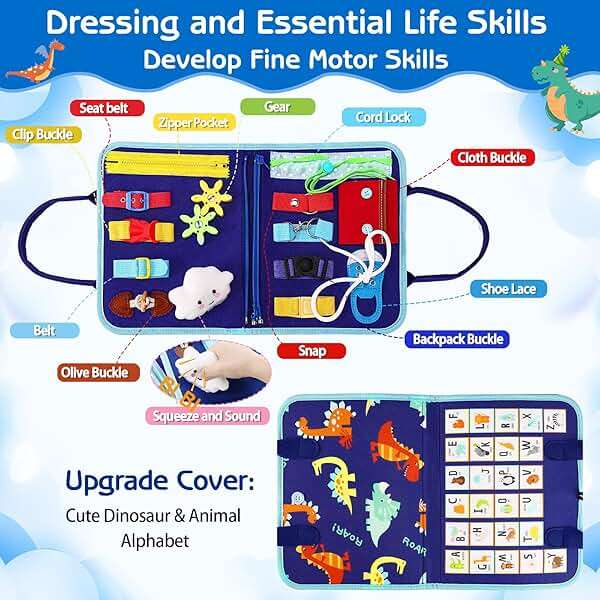 Esjay Toddler Busy Board Montessori Toys for Boys, Sensory Book Educational Activities for Learning Fine Motor Skills, Birthday Gifts for Boys Toddlers, Travel Toys for Airplane Car, Blue Dinosaur - Image 3