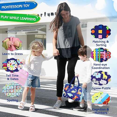Esjay Toddler Busy Board Montessori Toys for Boys, Sensory Book Educational Activities for Learning Fine Motor Skills, Birthday Gifts for Boys Toddlers, Travel Toys for Airplane Car, Blue Dinosaur - Image 6