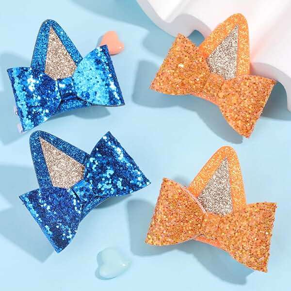 2 Pairs Blue Dog Ears and Orange Dog Ear Hair Bow Clips for Toddler Kids Adult Glitter Bows Halloween Costume Animal Cosplay Hair Accessories Birthday Party Supplies (Blue+Orange) - Image 6
