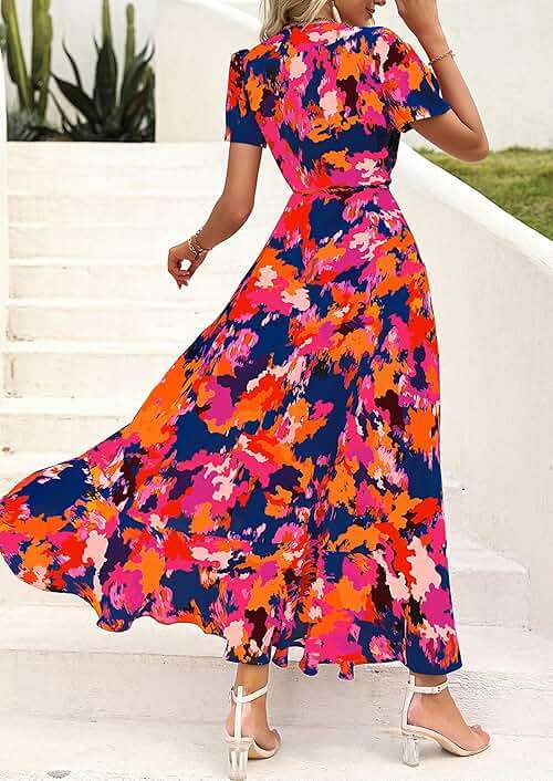 PRETTYGARDEN Women's Boho Floral Maxi Dress Summer Short Sleeve Wrap V Neck Long Flowy Beach Vacation Wedding Guest Dresses - Image 2