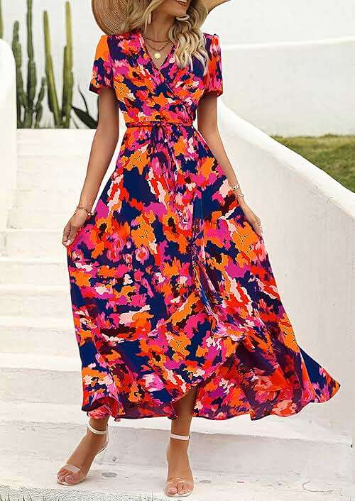 PRETTYGARDEN Women's Boho Floral Maxi Dress Summer Short Sleeve Wrap V Neck Long Flowy Beach Vacation Wedding Guest Dresses - Image 3