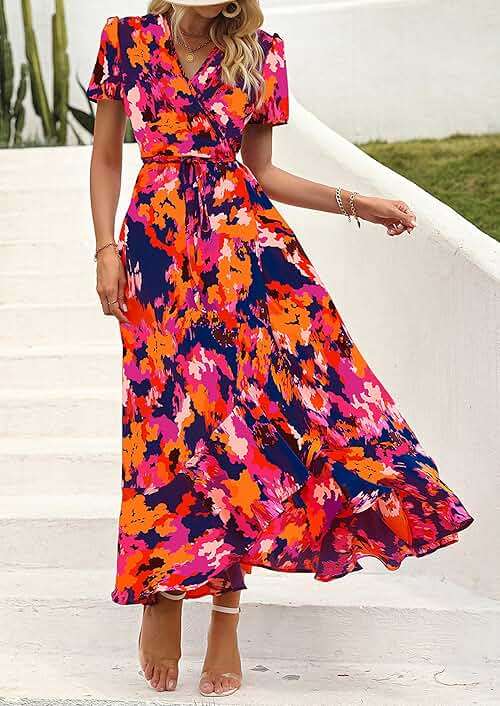 PRETTYGARDEN Women's Boho Floral Maxi Dress Summer Short Sleeve Wrap V Neck Long Flowy Beach Vacation Wedding Guest Dresses - Image 4