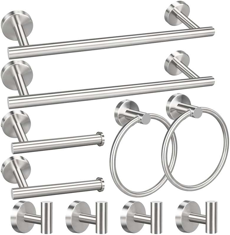 10pcs Bathroom Hardware Set, Brushed Nickel Bathroom Hardware Set, Including 16" Hand Towel Bars, Toilet Paper Holders, Towel Rings, Robe Towel Hooks - Image 1
