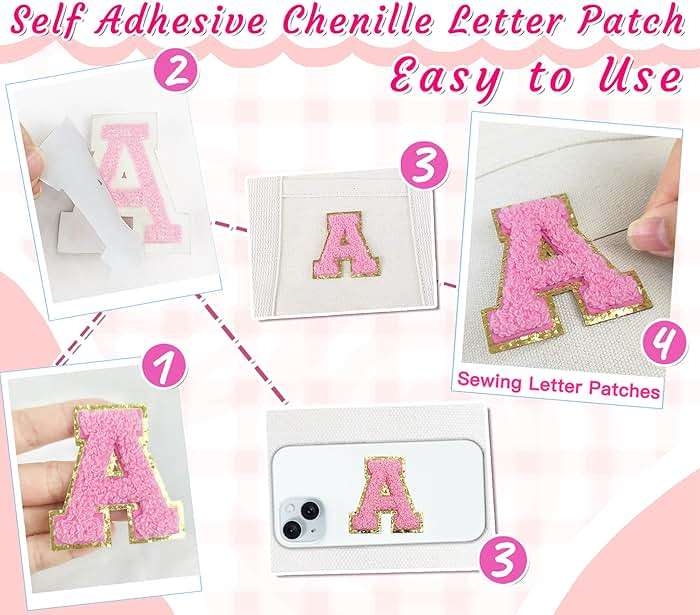 Aganmi 6 Pcs Self Adhesive Chenille Letter Patches for Bags, 2 inch Preppy Varsity Letter Patches for Clothes and Hats, Large Letter Stickers for Laptop Phone Case Fridge, A - Image 2