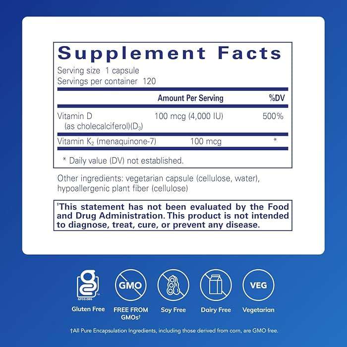 Pure Encapsulations Vitamin D3 & K2 - Bone & Vascular Health Support - Immune Function* - Gluten Free - Non-GMO - 120 Capsules - Image 2