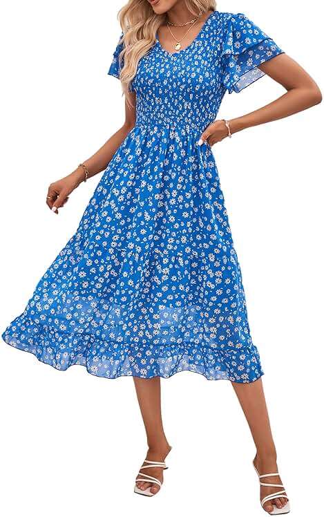 BTFBM Women Casual Summer Short Ruffles Tiered Sleeve Smocked Midi Dresses Bohemian Floral V Neck Wedding Guest Long Dresses - Image 1