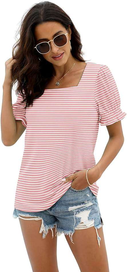 WIHOLL Tops for Women Summer Casual Ruffle Trim Sleeve Square Neck T Shirts - Image 3