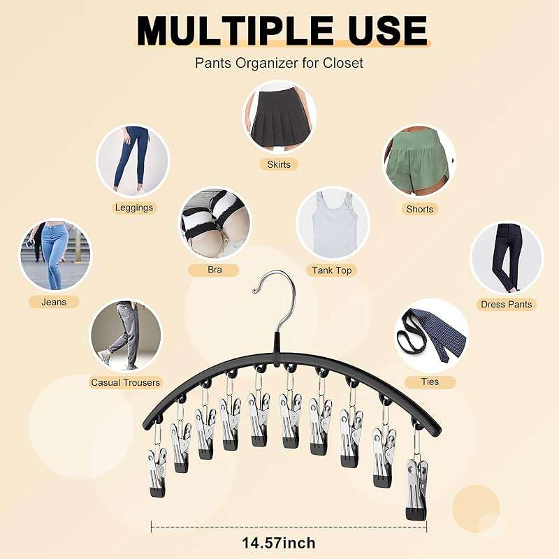 Volnamal Legging Organizer for Closet, 2 Pack Metal Yoga Pants Hangers w/10 Clips Holds 20 Leggings, Space Saving Hanging Closet Organizer w/Rubber Coated Closet Organizers and Storage, Black - Image 5