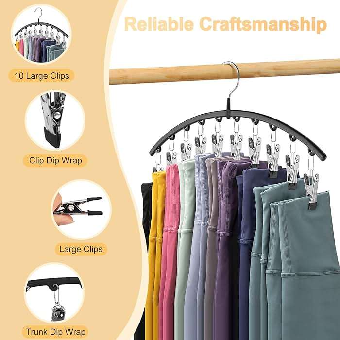 Volnamal Legging Organizer for Closet, 2 Pack Metal Yoga Pants Hangers w/10 Clips Holds 20 Leggings, Space Saving Hanging Closet Organizer w/Rubber Coated Closet Organizers and Storage, Black - Image 7