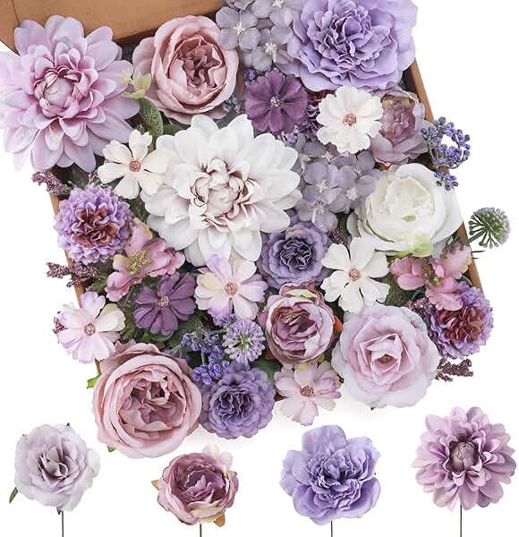 Floweroyal Artificial Flowers Combo Purple Flowers Mix Silk Flowers Dahlia Roses with Stems for DIY Wedding Bridal Bouquets, Baby Shower, Floral Arrangement, Table Centerpieces, Home Decorations. - Image 1