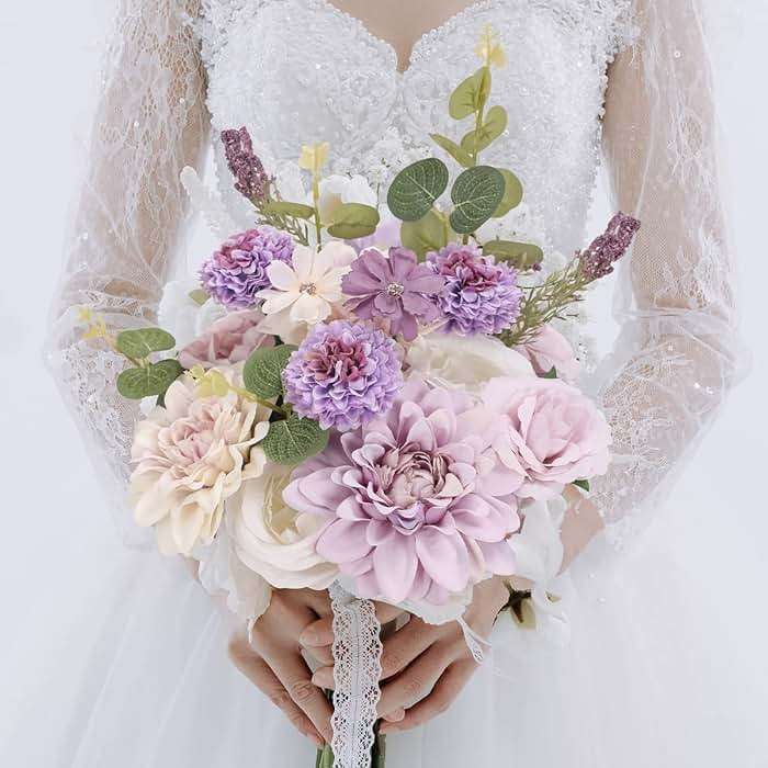 Floweroyal Artificial Flowers Combo Purple Flowers Mix Silk Flowers Dahlia Roses with Stems for DIY Wedding Bridal Bouquets, Baby Shower, Floral Arrangement, Table Centerpieces, Home Decorations. - Image 7