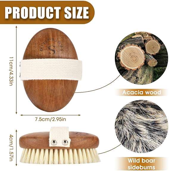SAMEBUTECOBody Brush Solid Acacia Wood Boar Long Bristles Bath Brush for Skin Exfoliation,Lymphatic Drainage Improvement Oval Shape Dry Brush Comfort to Hold Works - Image 2