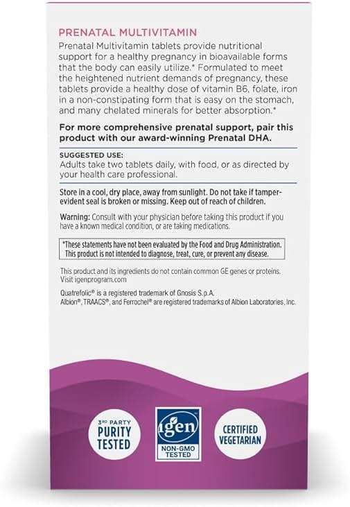 Nordic Naturals Prenatal Multivitamin for Women - Daily Vegetarian Prenatal Vitamins - 22 Essential Nutrients, Including B6, Folate, and Iron - 60 Tablets - 30 Servings - Image 3