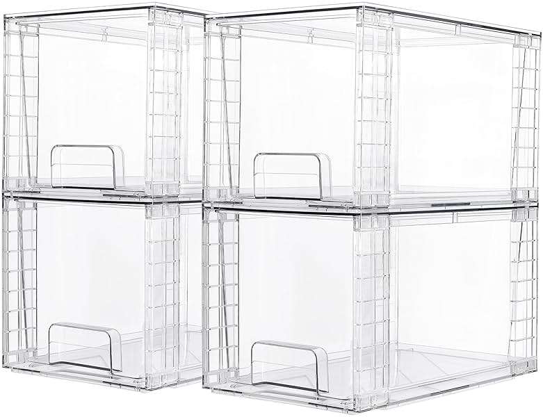 Vtopmart 4 Pack Large Stackable Storage Drawers,Easily Assemble Acrylic Bathroom Closet Undersink Organizers and Storage,Plastic Bins for Kitchen Cabinets,Pantry,Makeup,Medicine Organization - Image 1