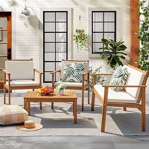 Flamaker Patio Furniture 4 Piece Outdoor Acacia Wood Patio Conversation Sofa Set with Table & Cushions Porch Furniture for Deck, Balcony, Backyard - Image 2