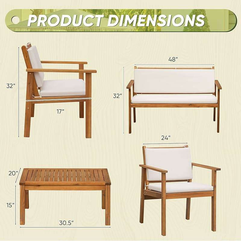 Flamaker Patio Furniture 4 Piece Outdoor Acacia Wood Patio Conversation Sofa Set with Table & Cushions Porch Furniture for Deck, Balcony, Backyard - Image 3