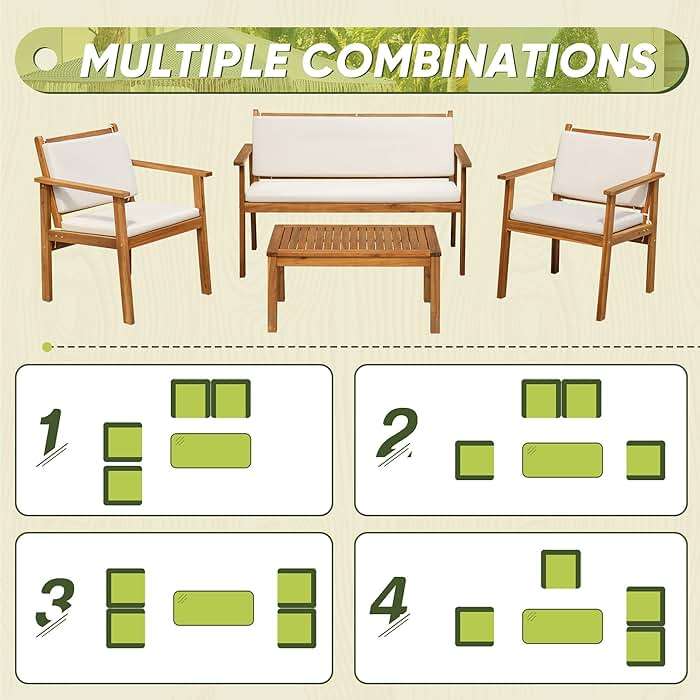 Flamaker Patio Furniture 4 Piece Outdoor Acacia Wood Patio Conversation Sofa Set with Table & Cushions Porch Furniture for Deck, Balcony, Backyard - Image 6